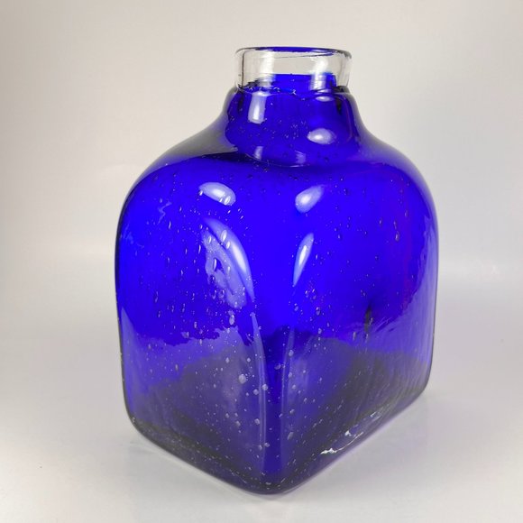 Hand Crafted Other - Cobalt Blue Vase Clear Cased Art Glass Hand Blown Bubbles Pattern